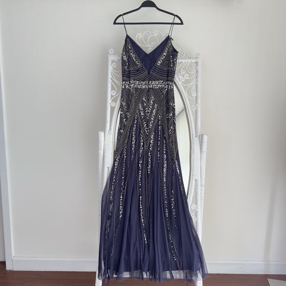 Marina Dress 12 Navy Sequin Rhinestone Maxi Floor Length Glam Gatsby Prom Gown - Picture 4 of 10